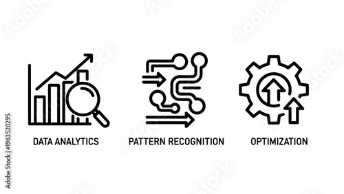 Data science and optimization icon set representing analytics pattern recognition and system efficiency for information technology software development and machine learning