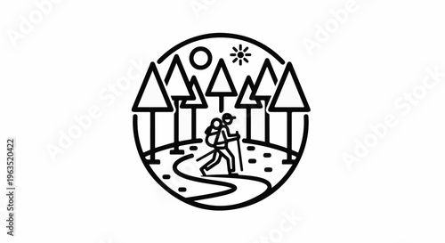 Hiker with backpack and poles walks a path through a forest under sun