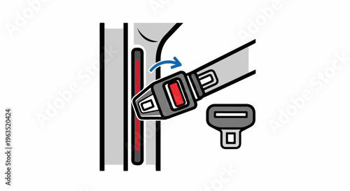 Illustration of a seatbelt being fastened into a buckle, an arrow shows direction
