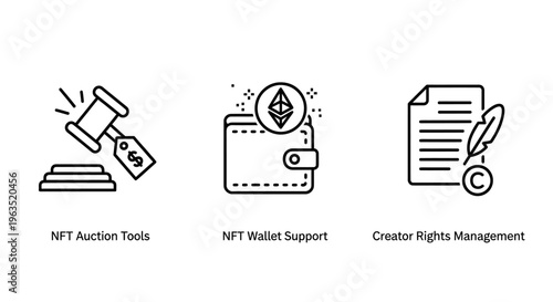 Legal and financial asset management icons set featuring auction hammer, crypto wallet, and intellectual property copyright document symbols for nft and digital asset security outline vector set