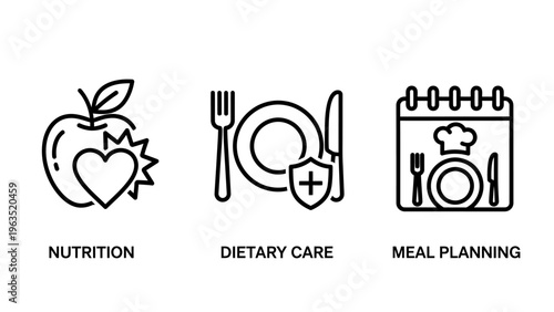 Healthy nutrition and meal planning icons set featuring apple with heart, dietary care plate, and calendar symbols for balanced diet, wellness, and professional food management outline vector