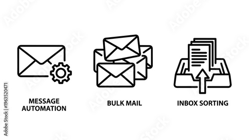 Email automation and communication icons set featuring auto-reply, bulk mailing, and inbox sorting symbols for digital marketing and professional electronic correspondence management outline vector