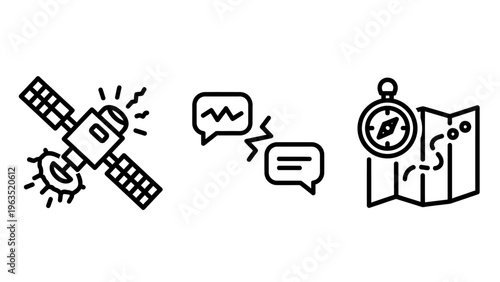 Set of communication technology icons featuring an orbiting satellite, speech bubbles, and a map with a compass