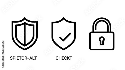 Shield and padlock security icon set representing protection and verification concepts for digital safety, privacy, and data integrity monitoring in software interface design projects on white backgro