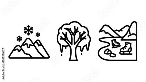 Winter season landscape icon set depicting snow capped mountains, frozen ice covered tree, and ice skating outdoor leisure activities in cold weather environment for travel and nature graphic designs