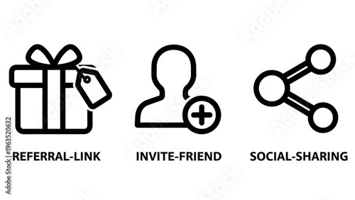 Set of vector icons showing referral link, user invite and social sharing concepts for digital marketing and community growth strategies in minimalist black and white outline graphic style for web