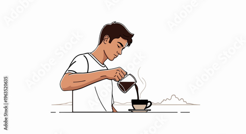 Man pouring a hot cup of coffee in a minimalist style