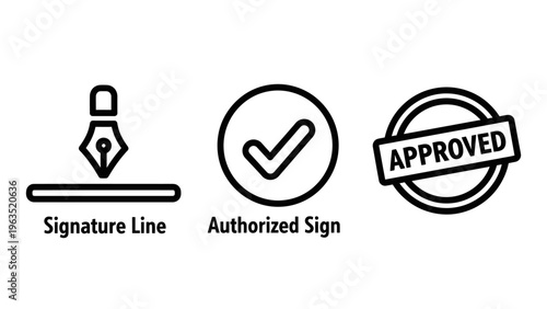 Signature line and authorized approval stamp icon set showing document signing and professional verification workflow processes for administrative and official business management applications isolate