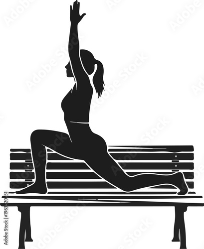 Silhouette of a woman doing a low lunge yoga pose on a park bench
