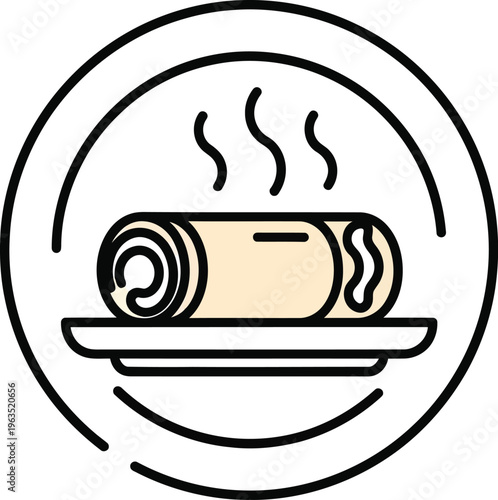 Hot steaming rolled food item on plate icon - delicious culinary dish concept with spring roll