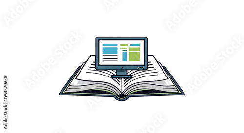 Open book with monitor displaying colorful web pages
