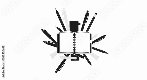 Open notebook surrounded by pens and pencils, symbolizing creativity