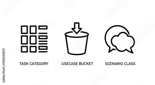 Set of abstract line art icons depicting task category, uncase bucket and scenario class concepts for software development and project management organizational structure and data classification syste