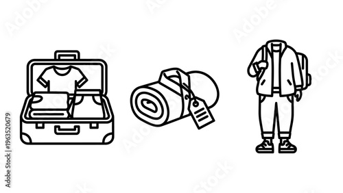 Set of travel icons showing suitcase, sleeping bag and person with backpack as outline linear vector illustrations for tourism, vacation planning, luggage packing checklist, and trekking adventures
