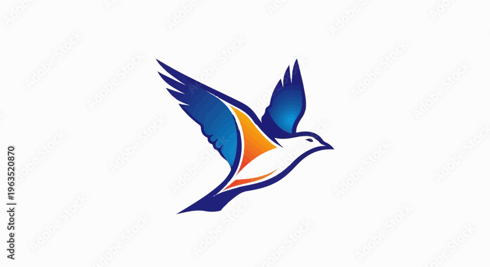 Obraz premium Stylized bird in flight with blue and orange wings on white background