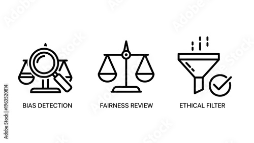 Bias detection and fairness review icons with ethical filter for artificial intelligence systems