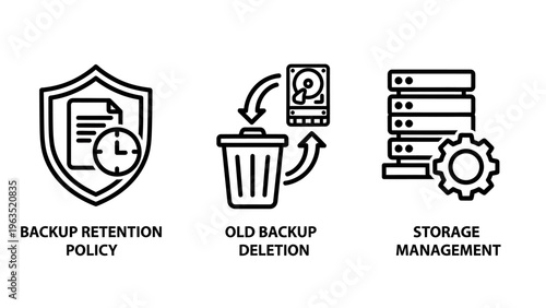 Data backup retention and storage management icon set for information technology and cloud systems