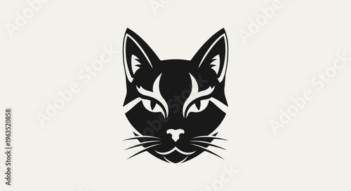 Stylized black cat face with sharp lines and pointed ears on a pale background