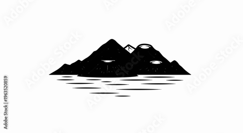 Stylized black and white illustration of volcanoes erupting into a body of water