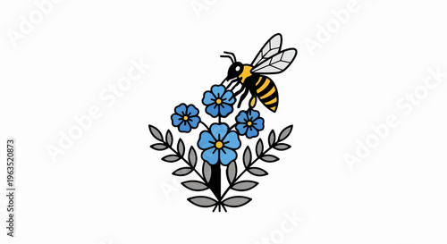Stylized bee gathering nectar from blue flowers