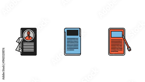 Modern business documentation and reporting icons, featuring identification badge, digital document, and clipboard with pen, representing professional administration, office tasks, and workflow manage