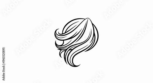 Stylized black lines depict flowing, curly hair on a white background