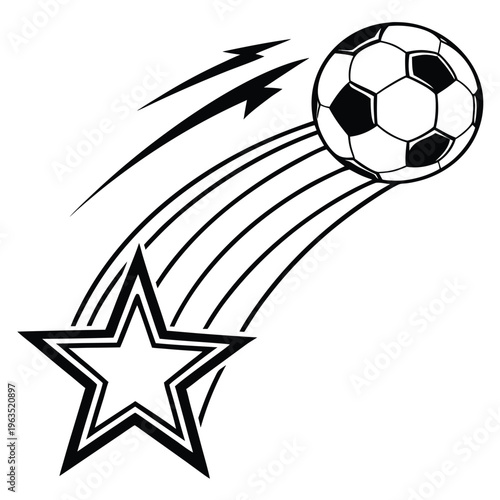 Dynamic soccer ball with stars and speed lines against a plain background