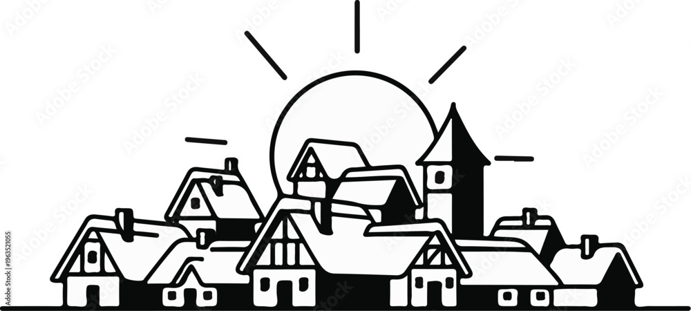 Fototapeta premium Stylized village scene with a large sun and church tower