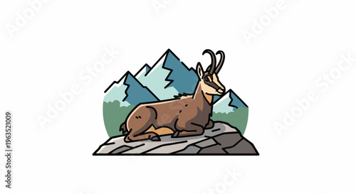 Stylized chamois rests on a rock with mountains behind