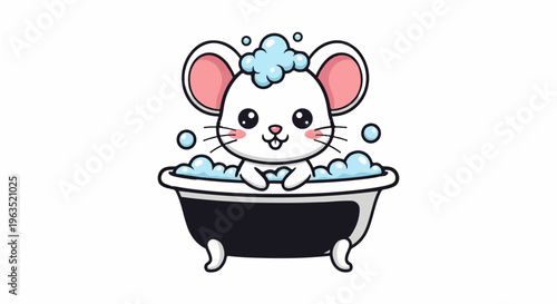 Cute cartoon mouse happily taking a bubble bath in a vintage tub
