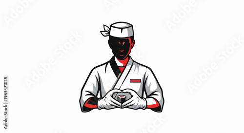 Stylized chef in white uniform forms heart shape with hands around sushi roll