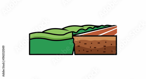 Cross-section of green hills, a running track, and soil layers