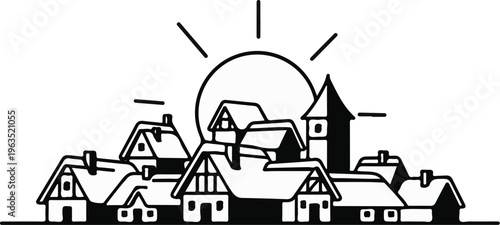 Stylized village scene with a large sun and church tower
