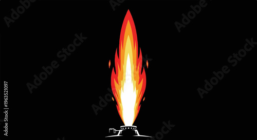 Stylized flame erupting from a small, minimalist burner on a black background