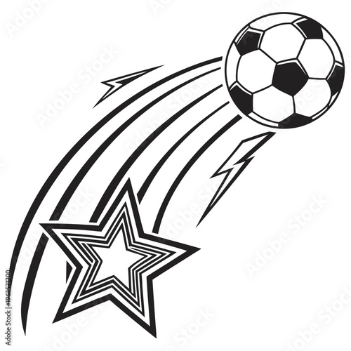 A dynamic illustration of a soccer ball leaving trails with starburst effects in flight