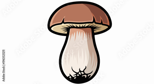 Stylized illustration of a plump mushroom with a brown cap and white stem