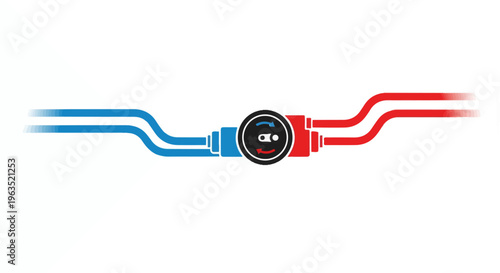 Stylized illustration of heating and cooling pipes with a central valve