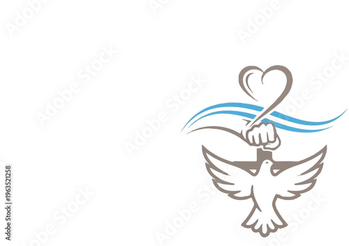 Fist clutching cross with dove, heart, and waves