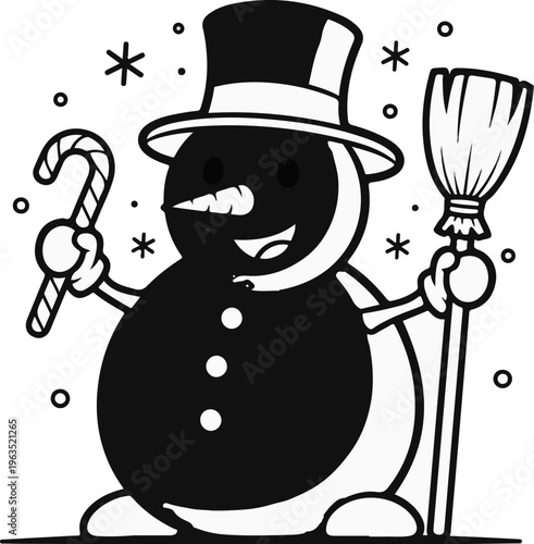 Cheerful snowman with top hat, candy cane, and broom, surrounded by snowflakes