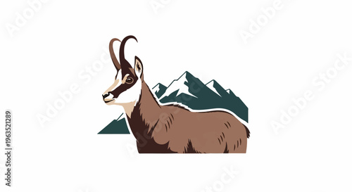 Stylized mountain goat silhouette against a snowy peak backdrop