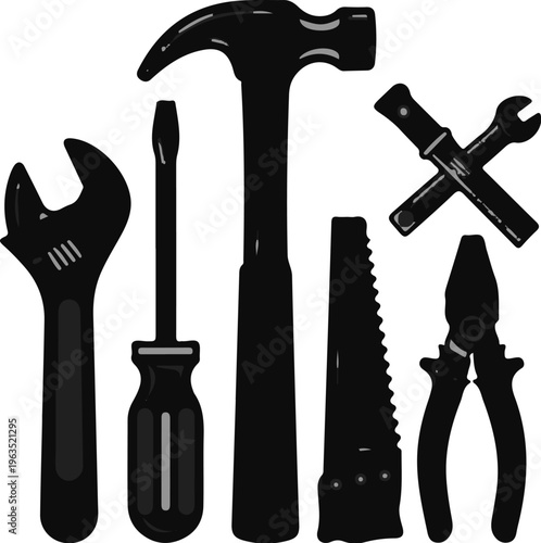 Collection of black silhouette hand tools including a wrench, screwdriver, hammer, saw, and pliers