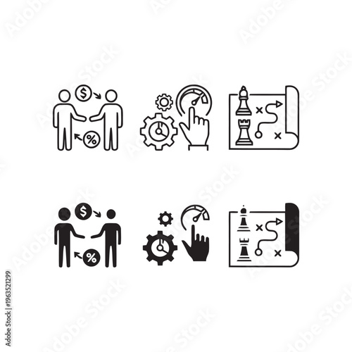 Business strategy and performance management icon set featuring strategic planning chess tactics employee commission handshake and operational efficiency gears
