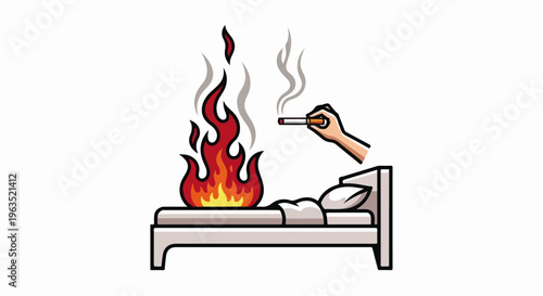 Bed fire from dropped cigarette, hand holding lit cigarette nearby