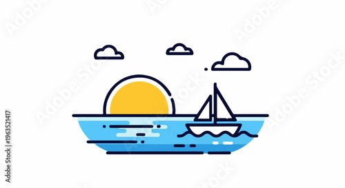 Minimalist sailboat at sunset on wavy blue water with clouds
