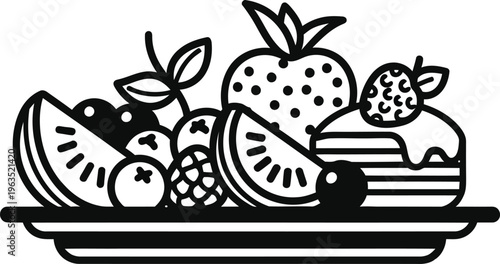 Black & white fresh fruit platter with berries and small cake - healthy dessert with food icon