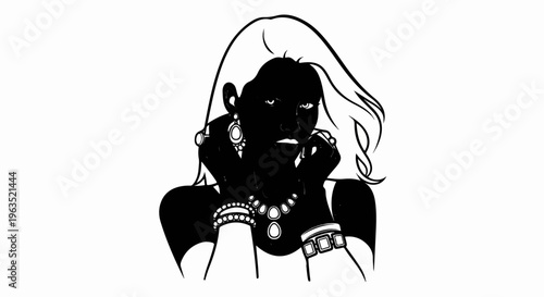 Stylized woman with flowing hair and ornate jewelry against white