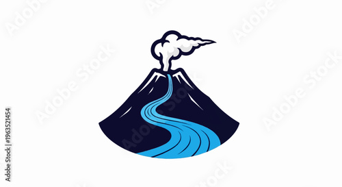 Stylized volcano with smoke plume and a blue river flowing down