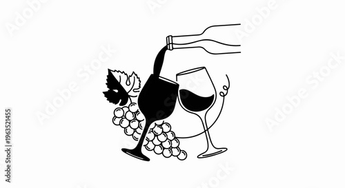 Minimalist illustration of wine pouring into two glasses with grapes