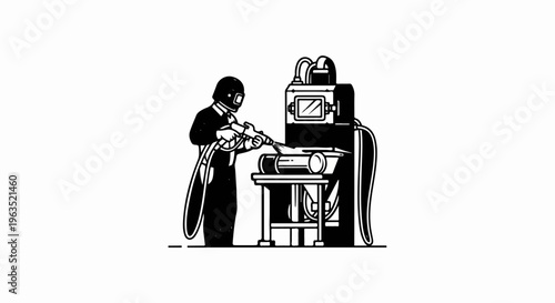 Person in protective gear operates sandblasting equipment on a cylinder