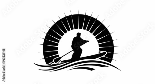 Person paddling on a surfboard against a sunburst design